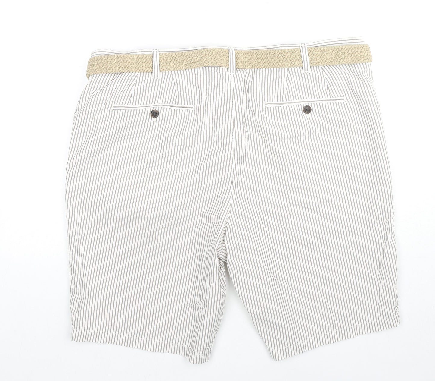 Marks and Spencer Mens Beige Striped Cotton Chino Shorts Size 42 in L9 in Regular Zip - Belt Included