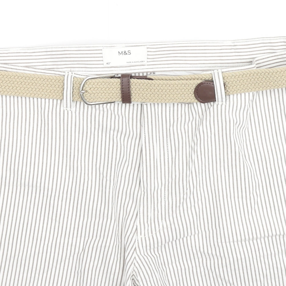 Marks and Spencer Mens Beige Striped Cotton Chino Shorts Size 42 in L9 in Regular Zip - Belt Included