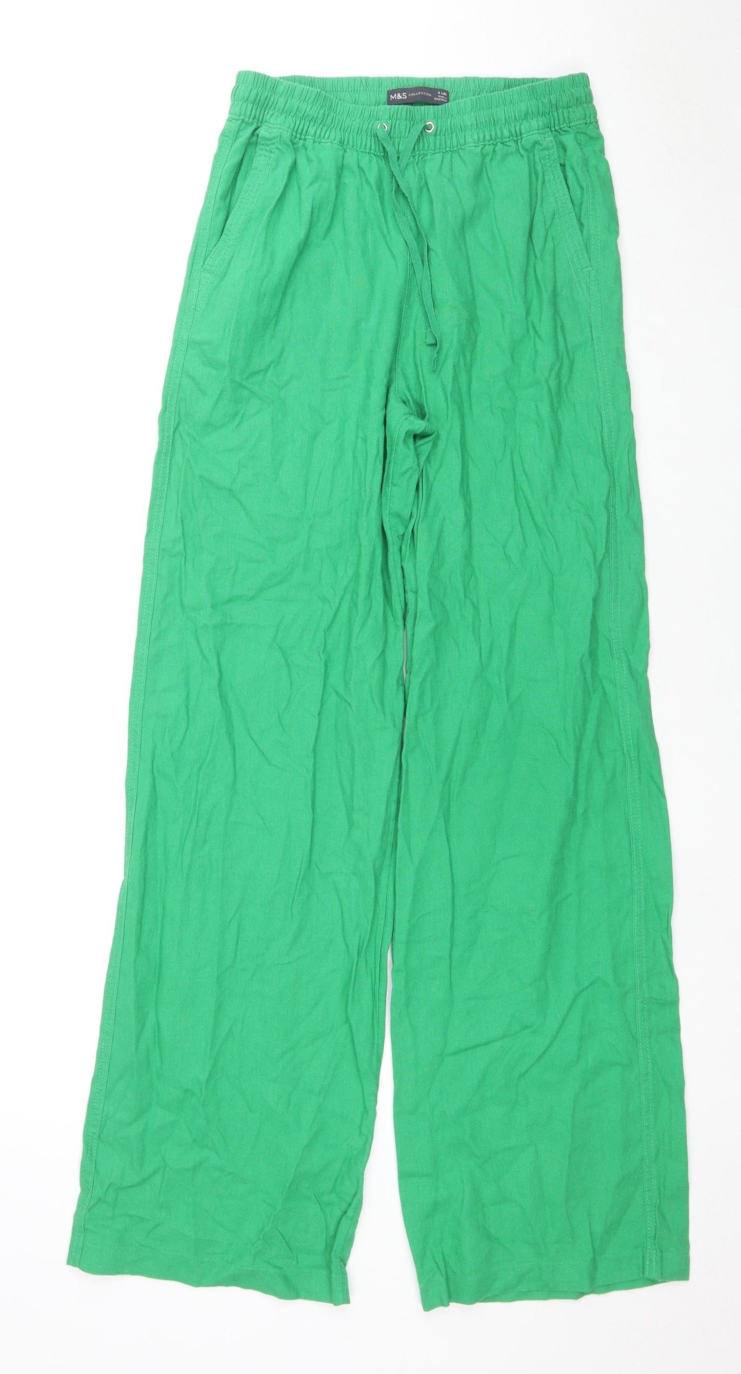 Marks and Spencer Womens Green Linen Trousers Size 8 L32 in Regular Drawstring
