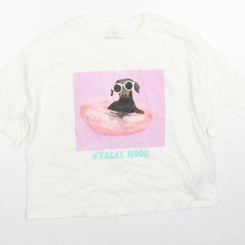 Marks and Spencer Girls White Cotton Basic T-Shirt Size 12-13 Years Round Neck Pullover - Vacay Mode