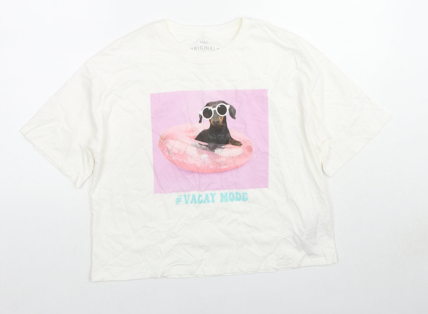 Marks and Spencer Girls White Cotton Basic T-Shirt Size 12-13 Years Round Neck Pullover - Vacay Mode