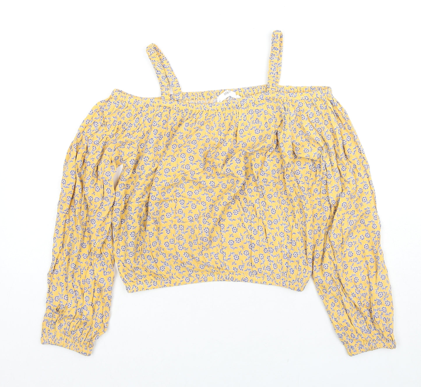Marks and Spencer Girls Yellow Floral Viscose Basic Blouse Size 11-12 Years Square Neck Pullover - Cold Shoulder