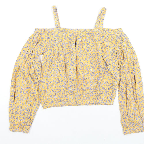 Marks and Spencer Girls Yellow Floral Viscose Basic Blouse Size 11-12 Years Square Neck Pullover - Cold Shoulder