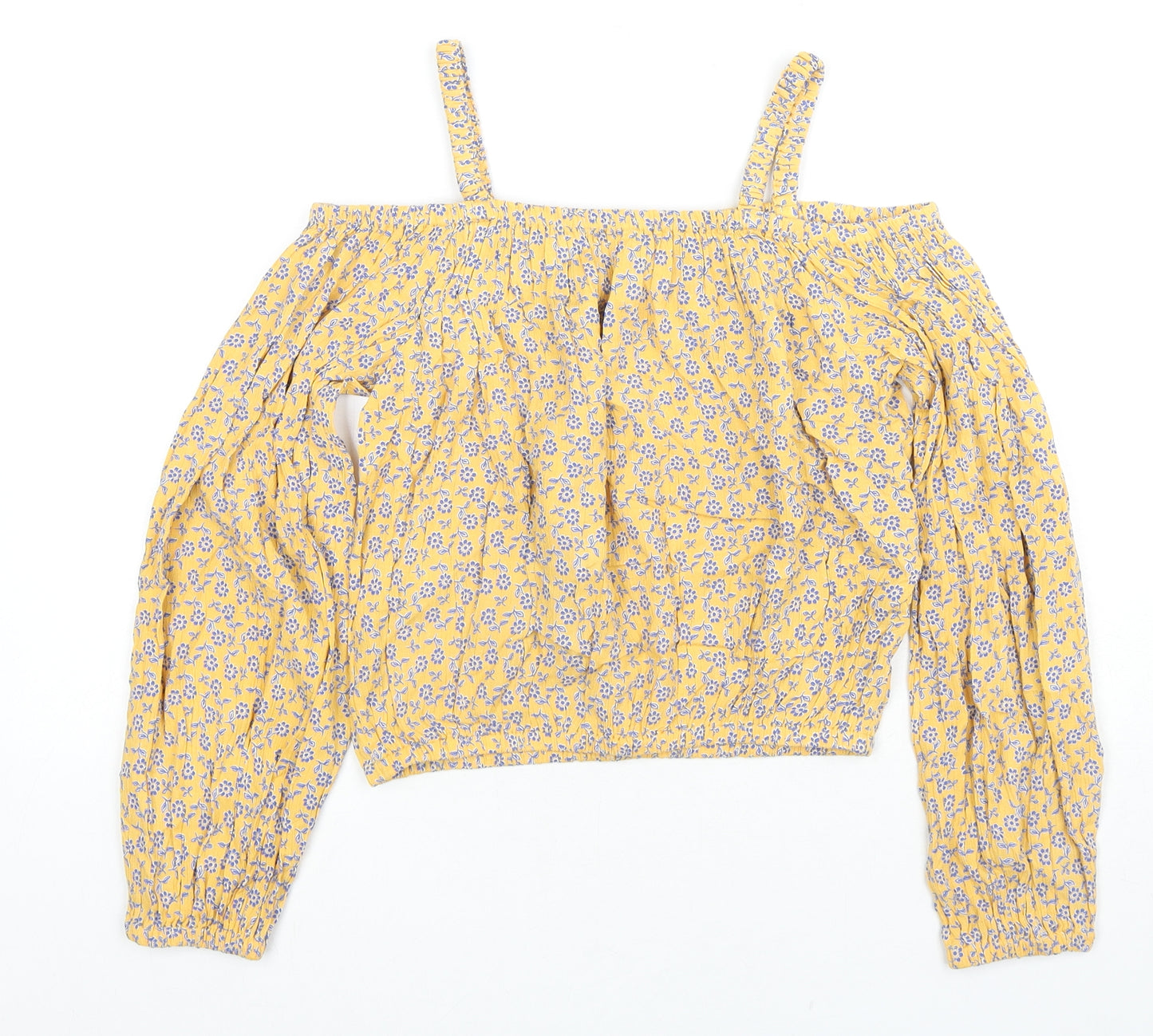 Marks and Spencer Girls Yellow Floral Viscose Basic Blouse Size 11-12 Years Square Neck Pullover - Cold Shoulder
