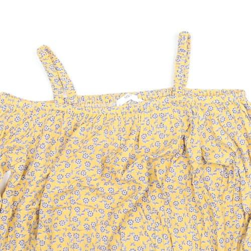 Marks and Spencer Girls Yellow Floral Viscose Basic Blouse Size 11-12 Years Square Neck Pullover - Cold Shoulder