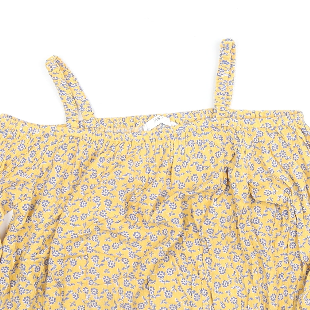 Marks and Spencer Girls Yellow Floral Viscose Basic Blouse Size 11-12 Years Square Neck Pullover - Cold Shoulder