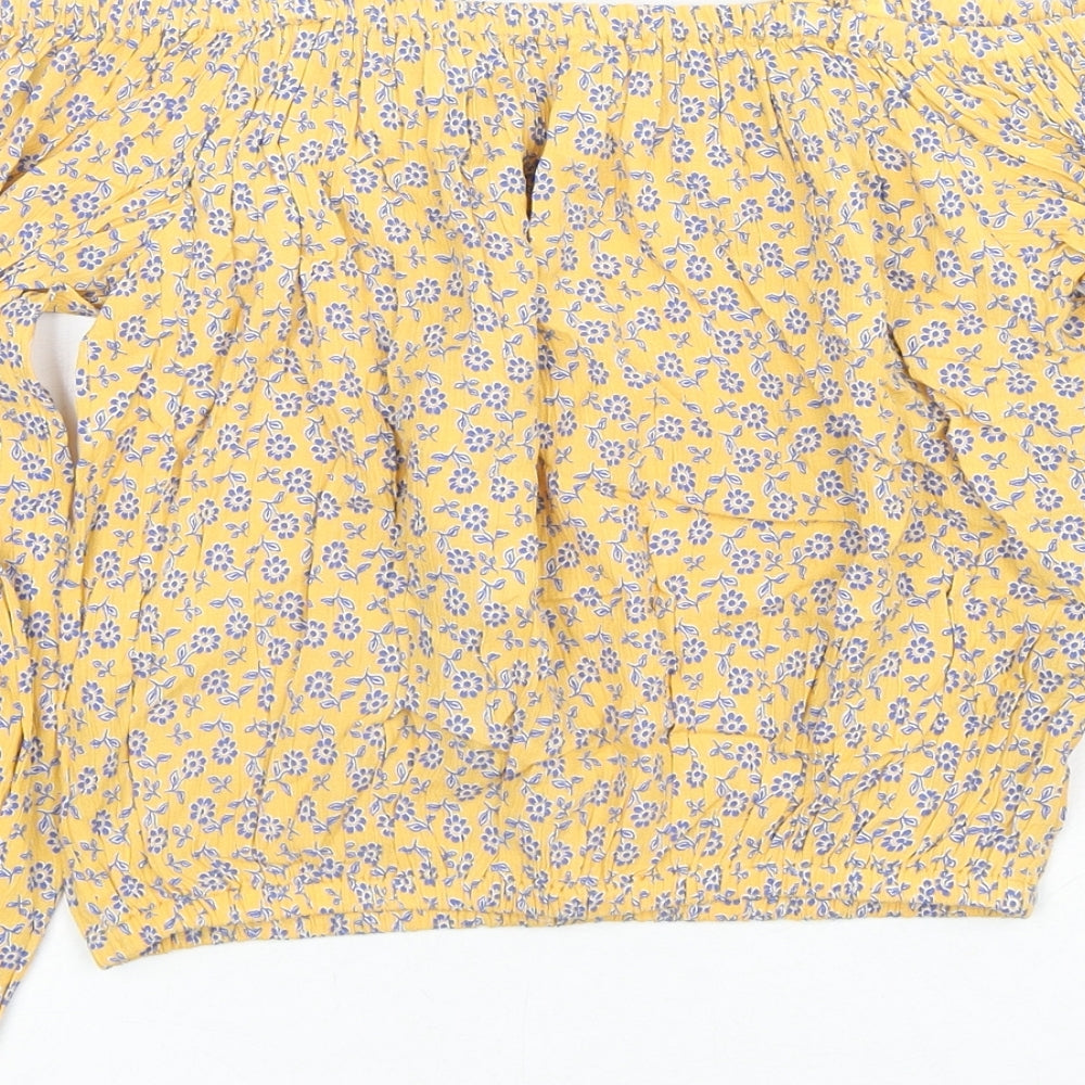 Marks and Spencer Girls Yellow Floral Viscose Basic Blouse Size 11-12 Years Square Neck Pullover - Cold Shoulder