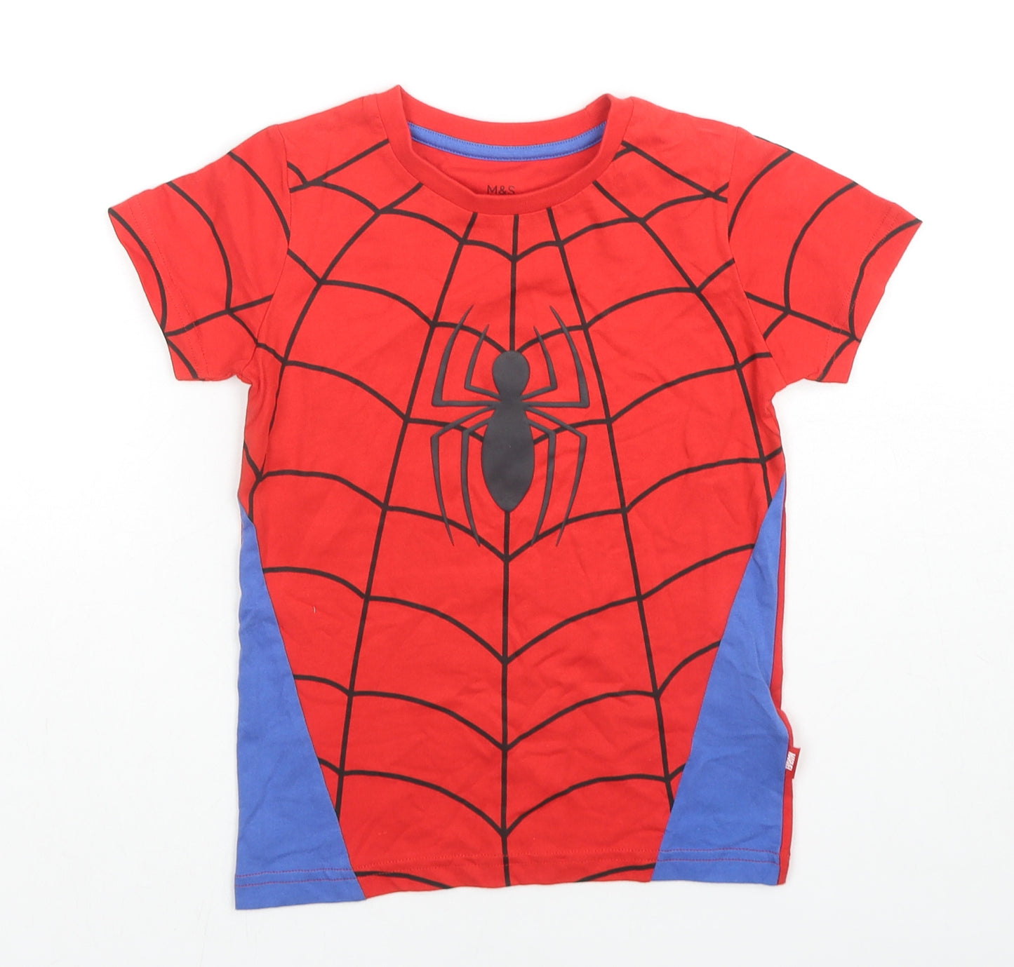 Marks and Spencer Boys Red Cotton Basic T-Shirt Size 5-6 Years Round Neck Pullover - Spiderman