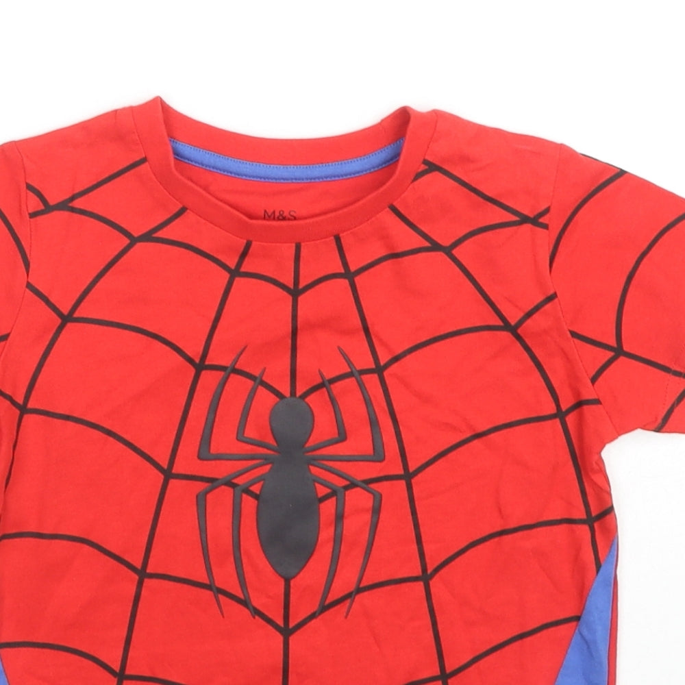 Marks and Spencer Boys Red Cotton Basic T-Shirt Size 5-6 Years Round Neck Pullover - Spiderman