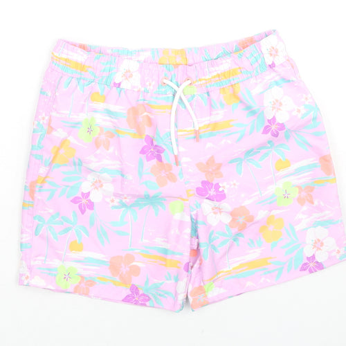 Marks and Spencer Boys Purple Floral Polyester Sweat Shorts Size 7-8 Years Regular Drawstring - Swim Shorts