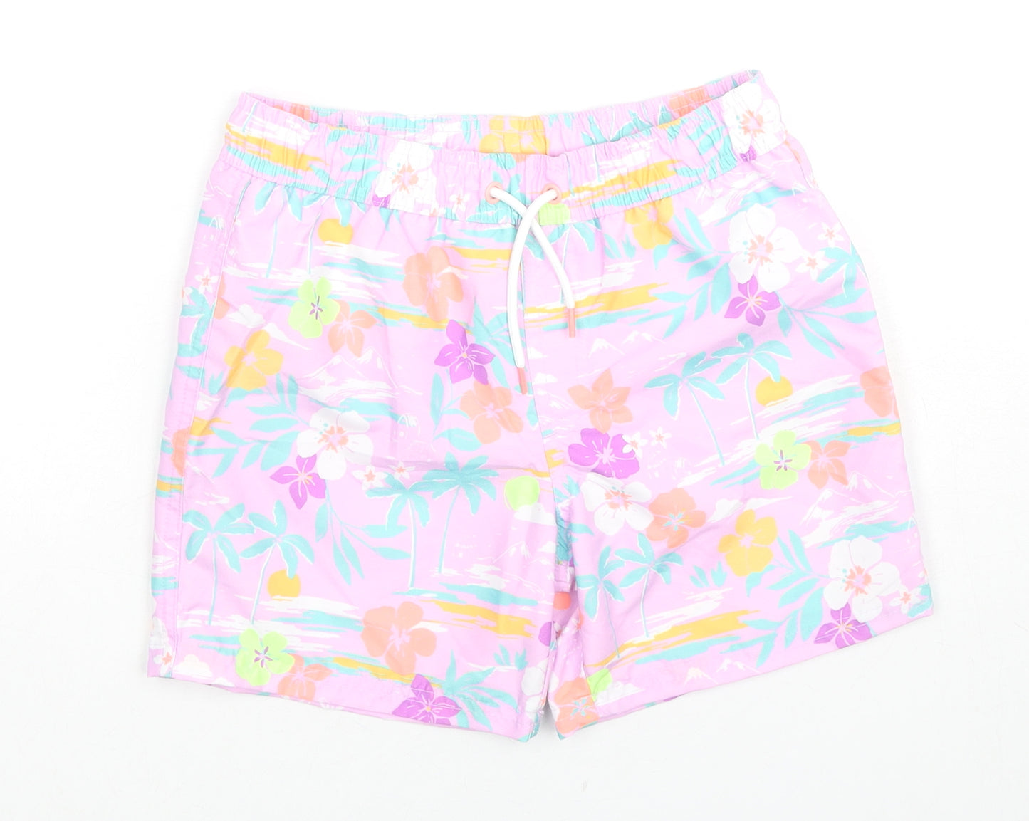 Marks and Spencer Boys Purple Floral Polyester Sweat Shorts Size 7-8 Years Regular Drawstring - Swim Shorts