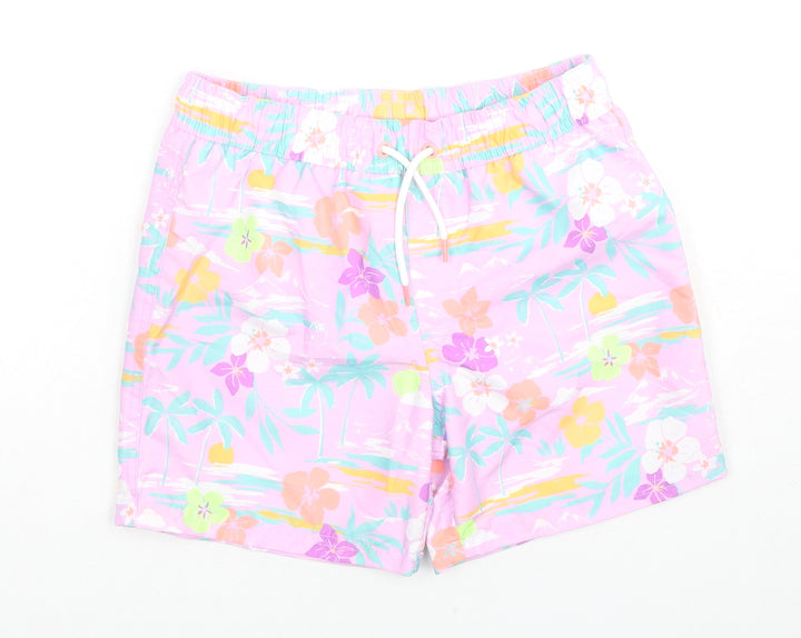 Marks and Spencer Boys Purple Floral Polyester Sweat Shorts Size 7-8 Years Regular Drawstring - Swim Shorts