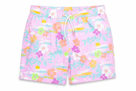 Marks and Spencer Boys Purple Floral Polyester Sweat Shorts Size 7-8 Years Regular Drawstring - Swim Shorts
