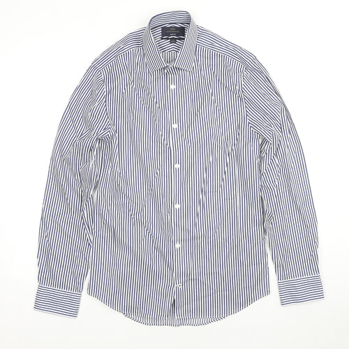 Marks and Spencer Mens Blue Striped Cotton Button-Up Size 14.5 Collared Button - Collar 14.5''