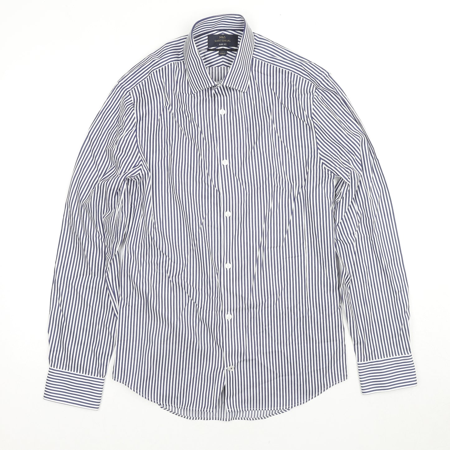 Marks and Spencer Mens Blue Striped Cotton Button-Up Size 14.5 Collared Button - Collar 14.5''