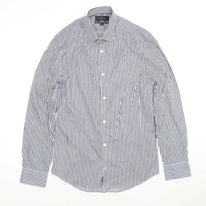Marks and Spencer Mens Blue Striped Cotton Button-Up Size 14.5 Collared Button - Collar 14.5''