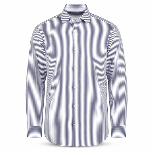 Front view of Marks & Spencer men’s blue striped cotton button-up, size 14.5 collared button - collar 14.5''
