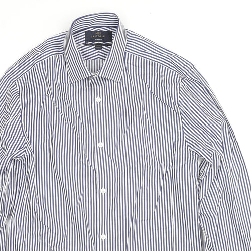 Marks and Spencer Mens Blue Striped Cotton Button-Up Size 14.5 Collared Button - Collar 14.5''