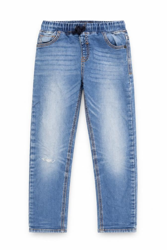 Front view of Next boys’ blue copper straight jeans, size 9, months, 23-inch leg regular drawstring