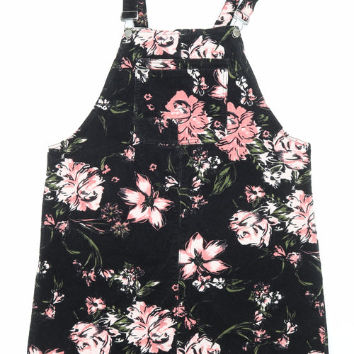 TU Womens Black Floral Cotton Pinafore/Dungaree Dress Size 16 Square Neck Button - Pocket