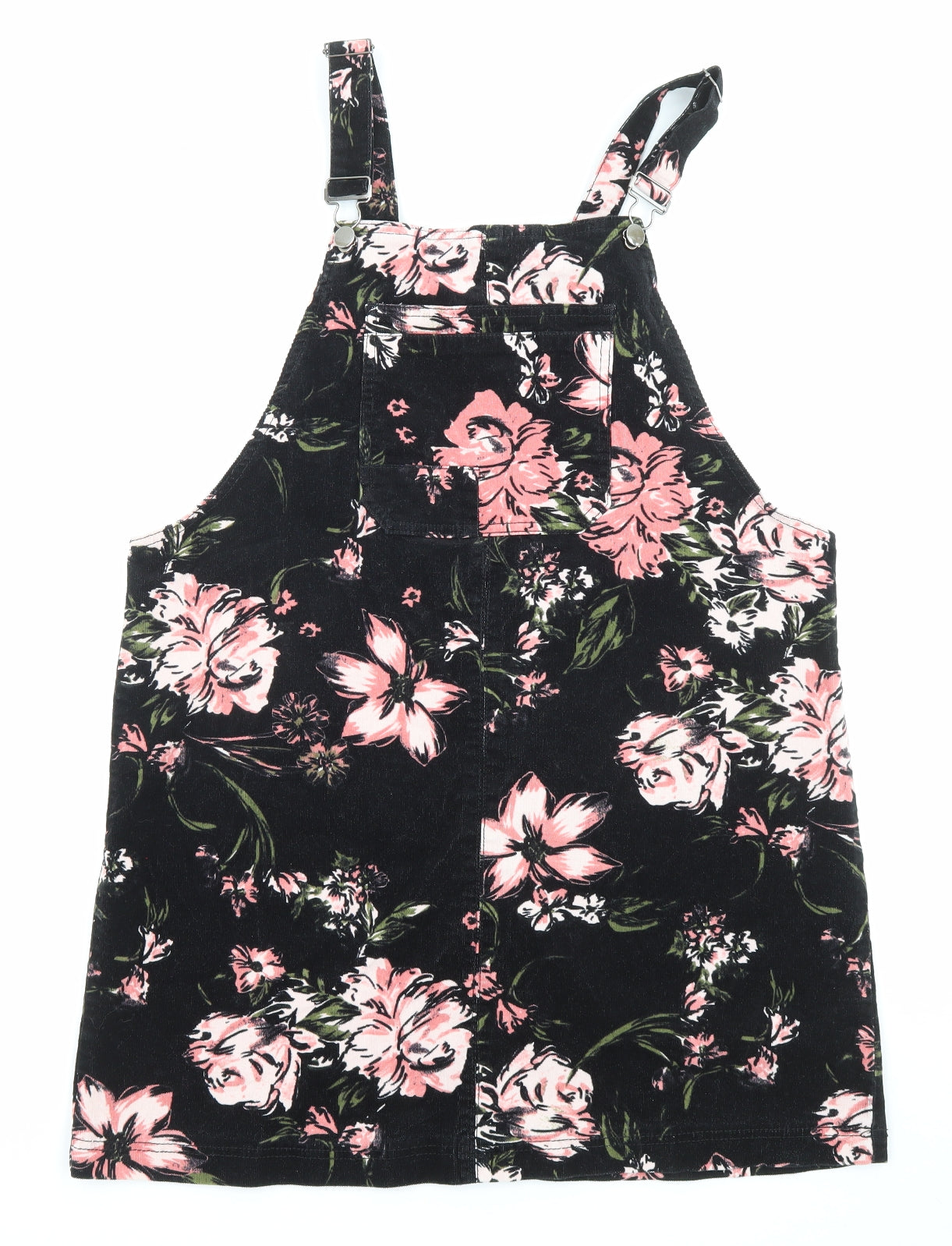 TU Womens Black Floral Cotton Pinafore/Dungaree Dress Size 16 Square Neck Button - Pocket