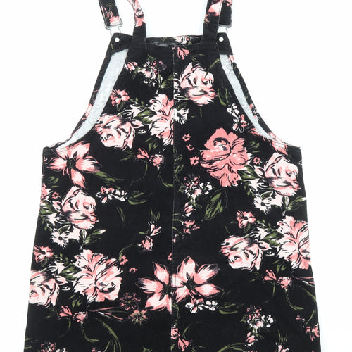 TU Womens Black Floral Cotton Pinafore/Dungaree Dress Size 16 Square Neck Button - Pocket