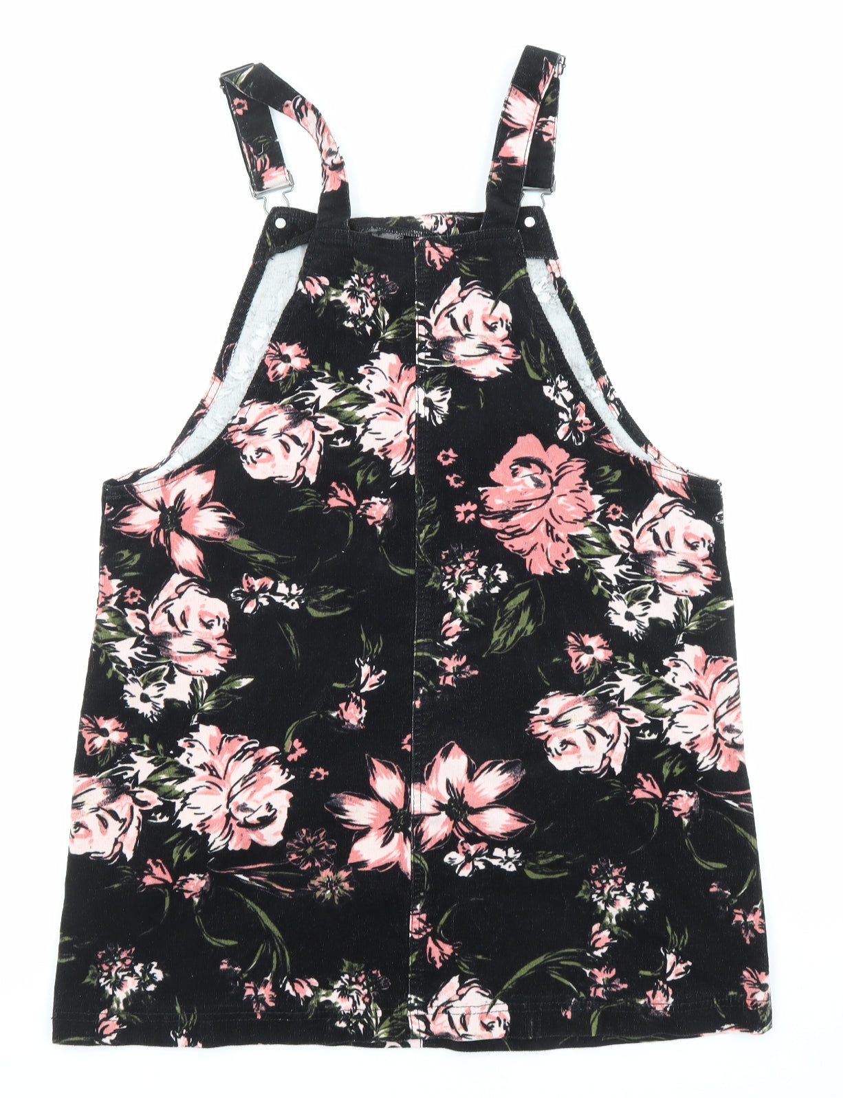 TU Womens Black Floral Cotton Pinafore/Dungaree Dress Size 16 Square Neck Button - Pocket