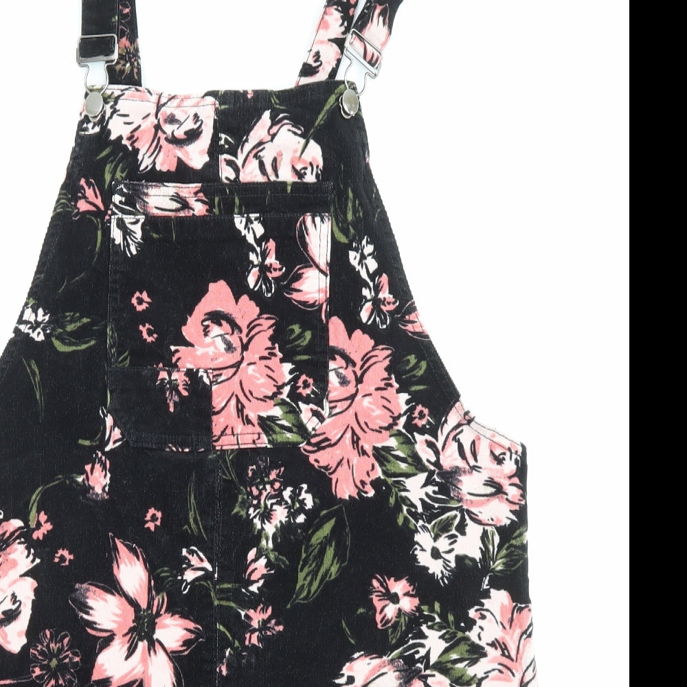 TU Womens Black Floral Cotton Pinafore/Dungaree Dress Size 16 Square Neck Button - Pocket