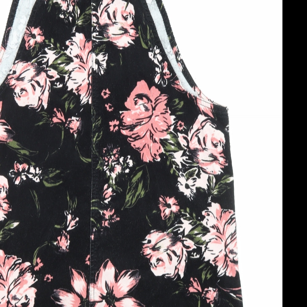TU Womens Black Floral Cotton Pinafore/Dungaree Dress Size 16 Square Neck Button - Pocket