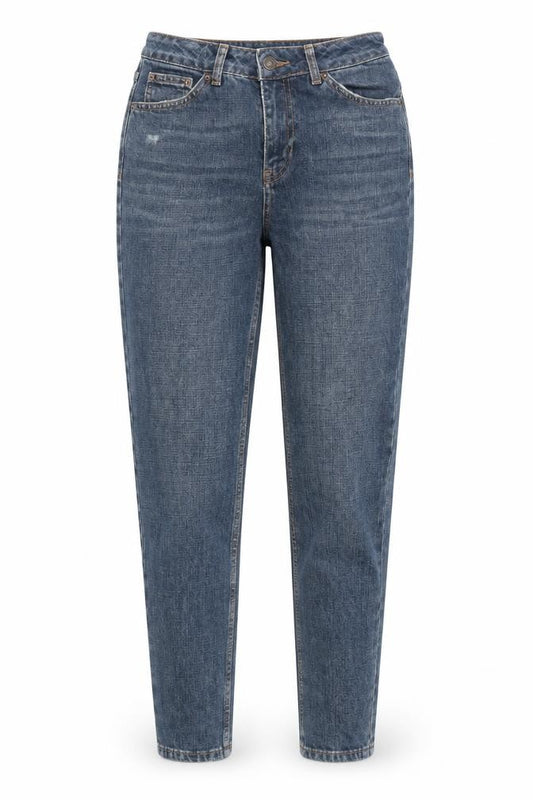 Front view of Topshop women’s blue cotton mom jeans, size UK 26, in, 32-inch leg regular zip - pockets