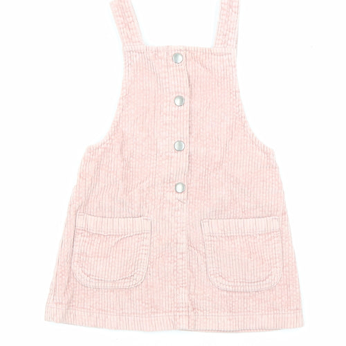 F&F Girls Pink Cotton Pinafore/Dungaree Dress Size 2-3 Years Square Neck Snap - Pockets