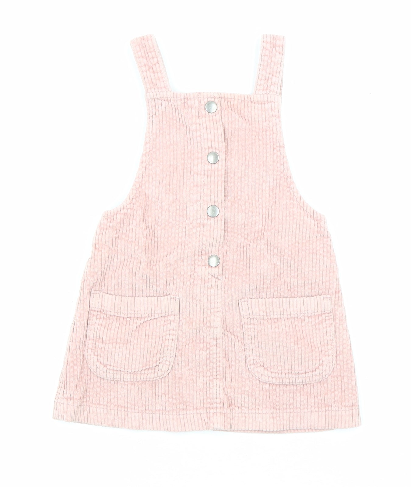 F&F Girls Pink Cotton Pinafore/Dungaree Dress Size 2-3 Years Square Neck Snap - Pockets