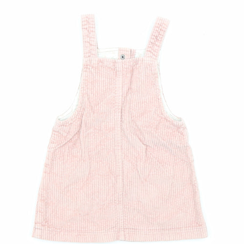 F&F Girls Pink Cotton Pinafore/Dungaree Dress Size 2-3 Years Square Neck Snap - Pockets
