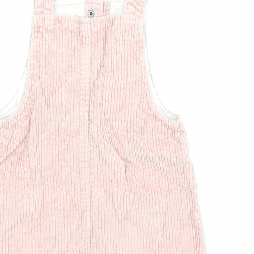 F&F Girls Pink Cotton Pinafore/Dungaree Dress Size 2-3 Years Square Neck Snap - Pockets