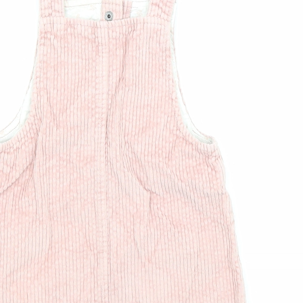 F&F Girls Pink Cotton Pinafore/Dungaree Dress Size 2-3 Years Square Neck Snap - Pockets