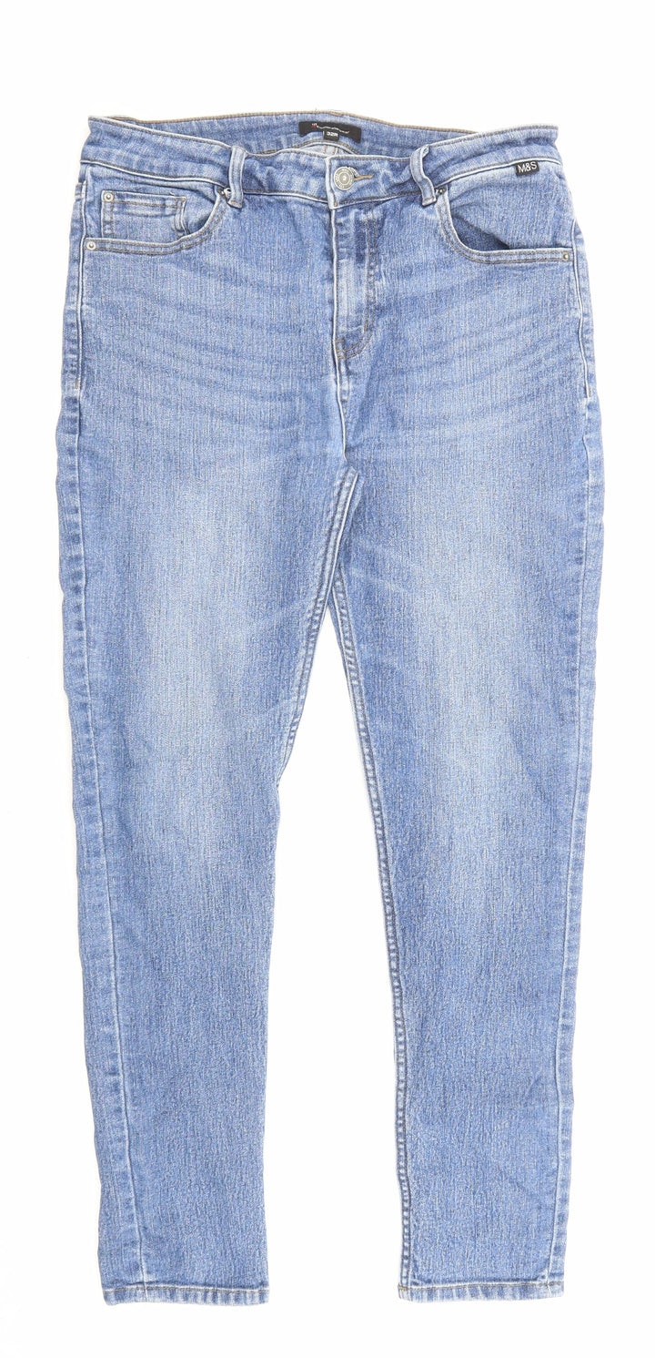 Marks and Spencer Womens Blue Cotton Straight Jeans Size 32 in L27 in Regular Zip - Pockets