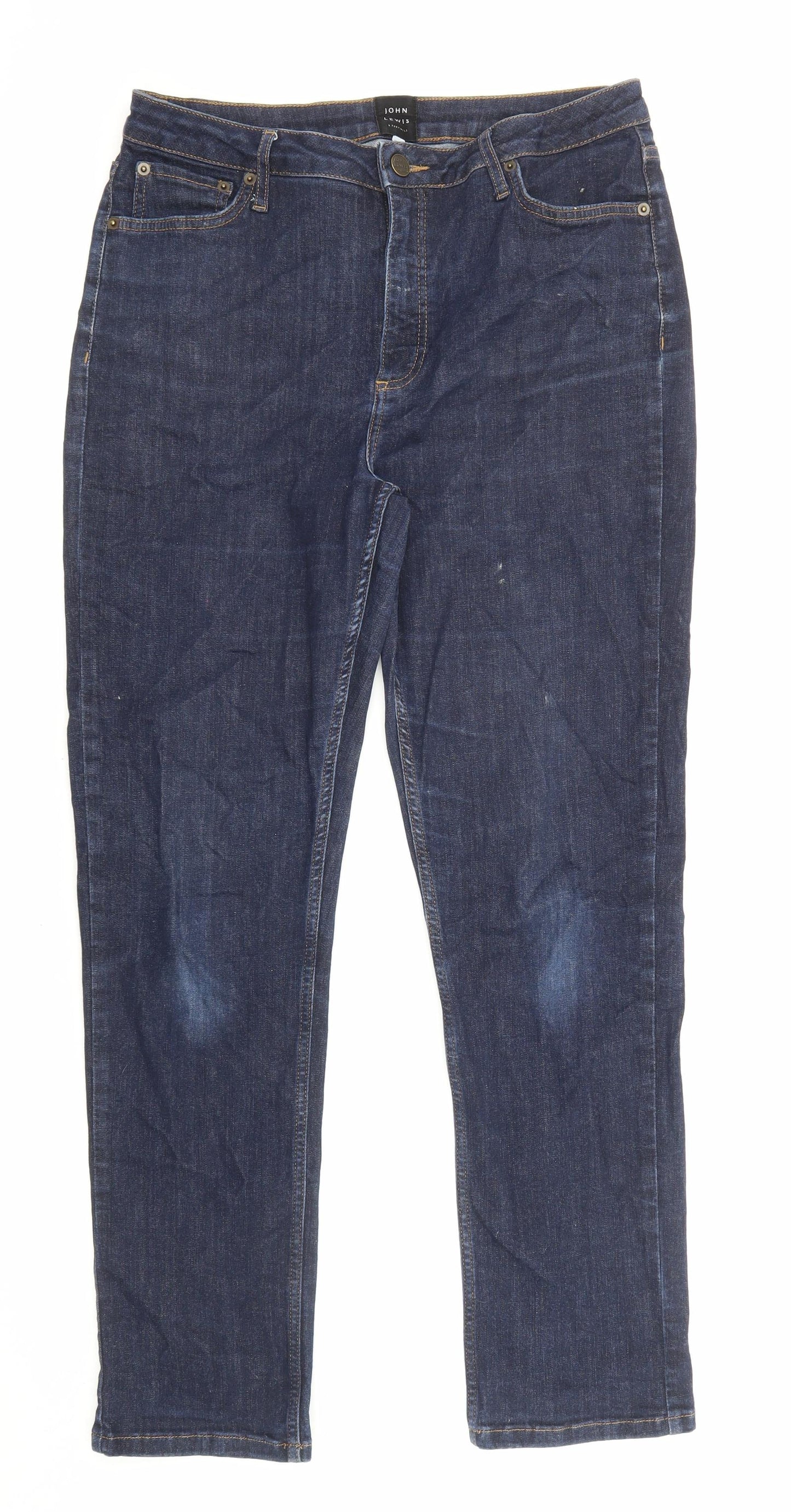 John Lewis Womens Blue Cotton Straight Jeans Size 14 L29 in Regular Zip - Pockets