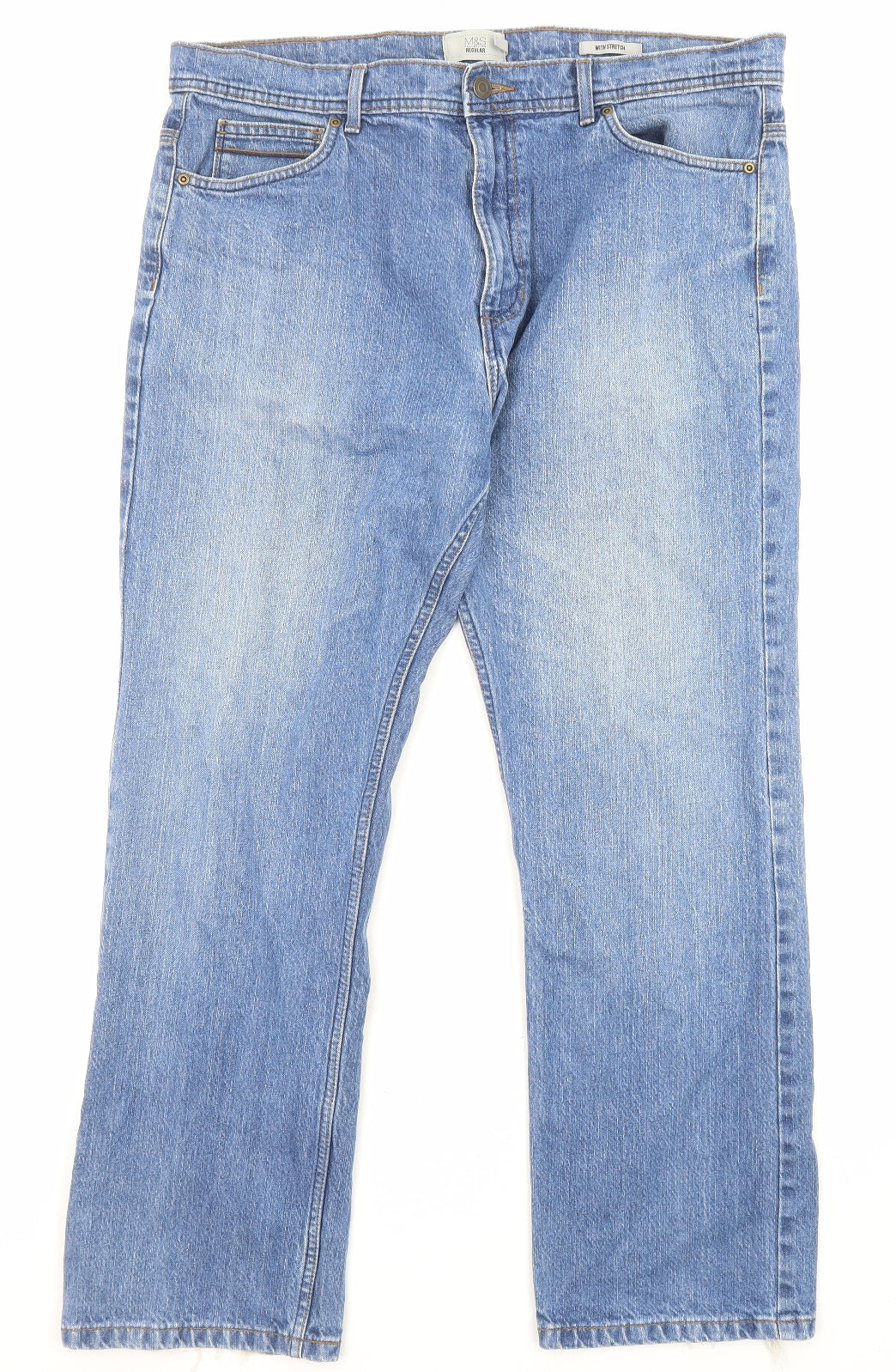 Marks and Spencer Mens Blue Cotton Straight Jeans Size 38 in L29 in Regular Zip - Pockets