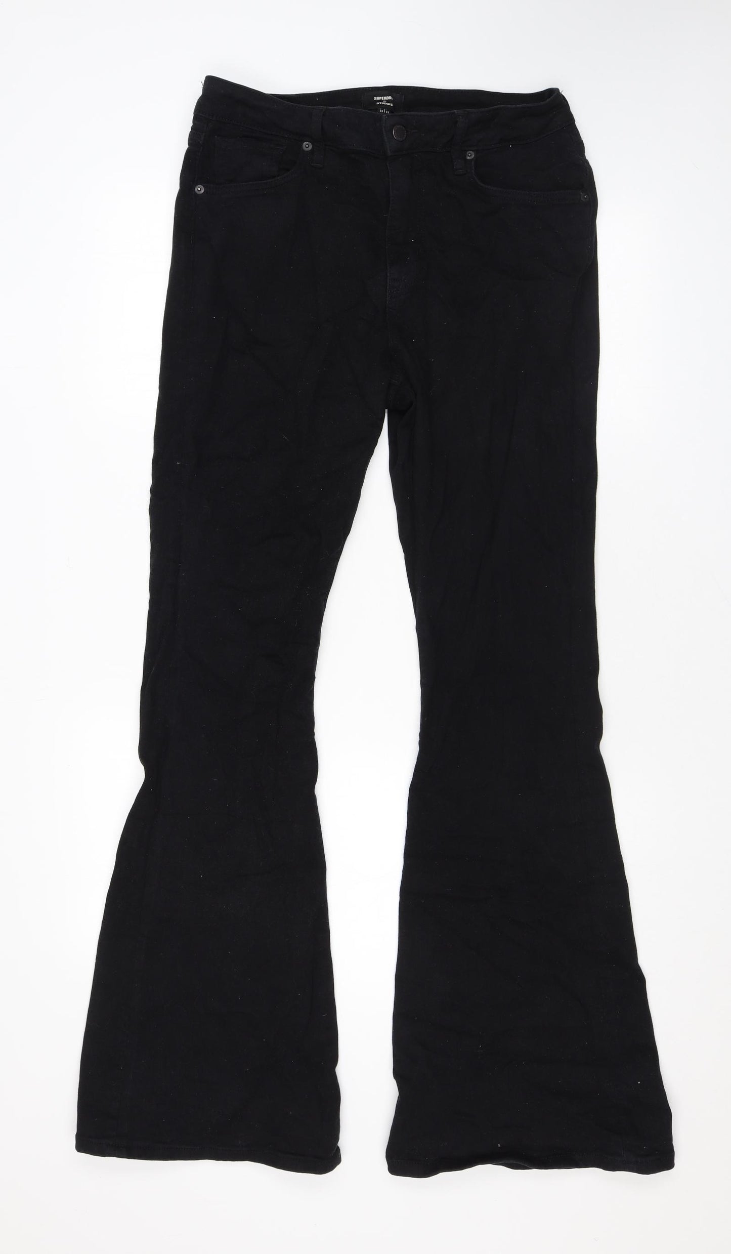 Superdry Womens Black Cotton Flared Jeans Size 32 in L33 in Regular Zip