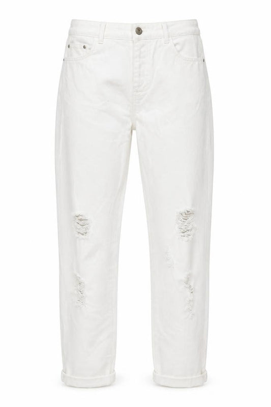 Front view of Topshop women’s white cotton mom jeans, size UK 28, in, 34-inch leg regular zip