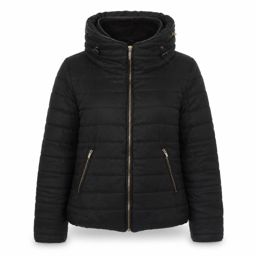 Front view of Rising women’s black puffer jacket coat, size M, zip