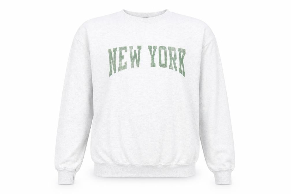 Front view of Prince Peter women’s grey cotton pullover sweatshirt, size M, pullover - new york print
