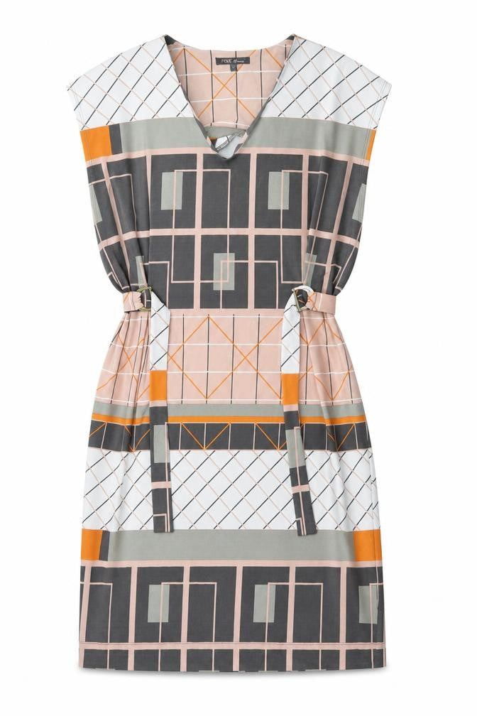 Front view of Next women’s multicoloured geometric polyester shift, size UK 12, v-neck pullover