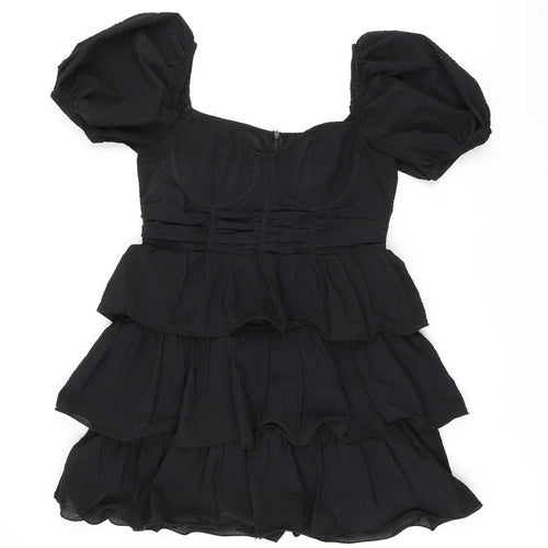 PRETTYLITTLETHING Womens Black Polyester Skater Dress Size 14 Off the Shoulder Zip
