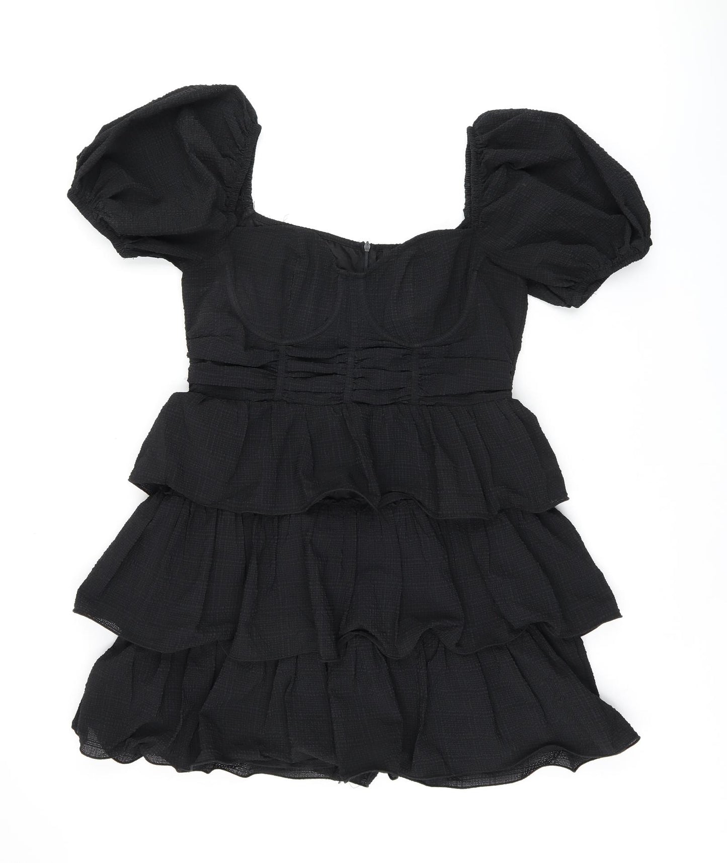PRETTYLITTLETHING Womens Black Polyester Skater Dress Size 14 Off the Shoulder Zip