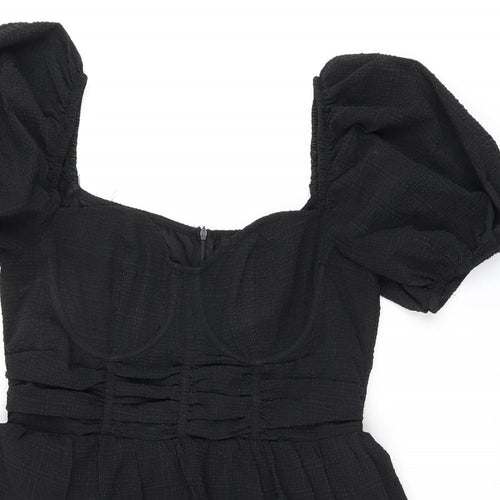 PRETTYLITTLETHING Womens Black Polyester Skater Dress Size 14 Off the Shoulder Zip