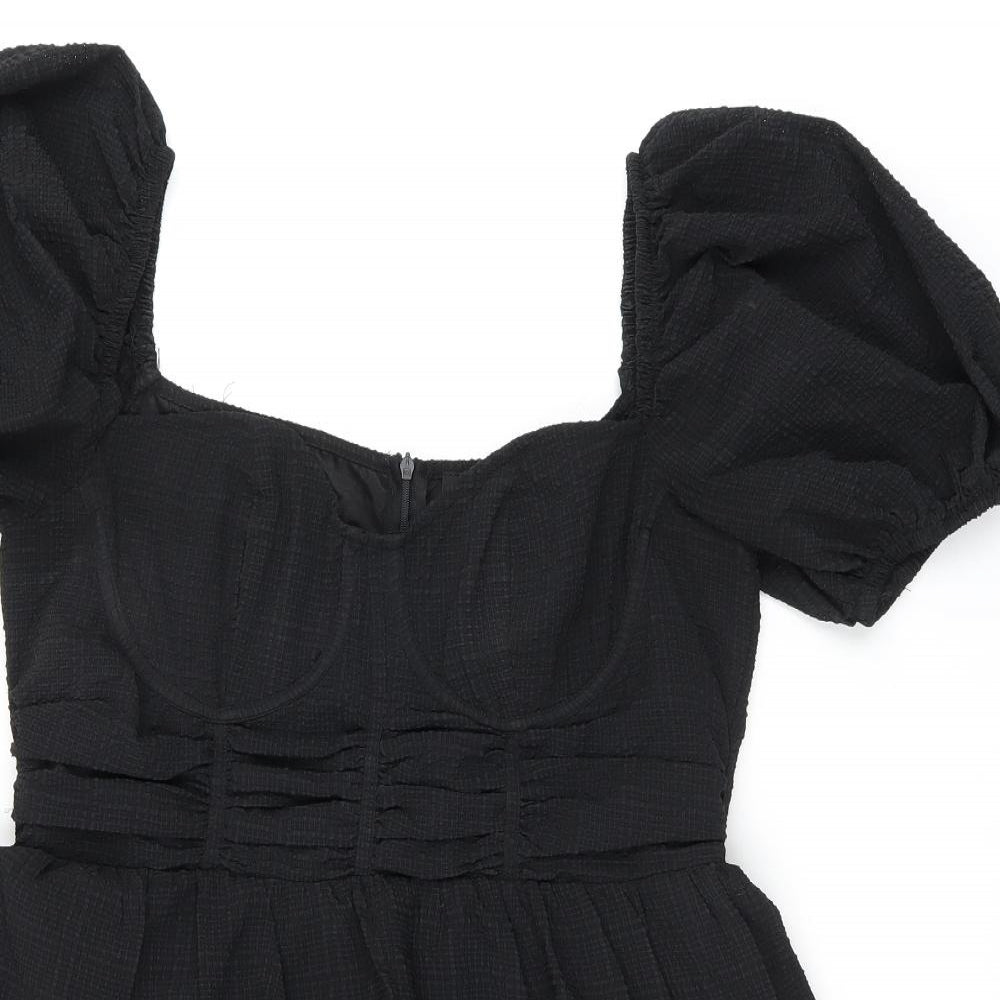 PRETTYLITTLETHING Womens Black Polyester Skater Dress Size 14 Off the Shoulder Zip