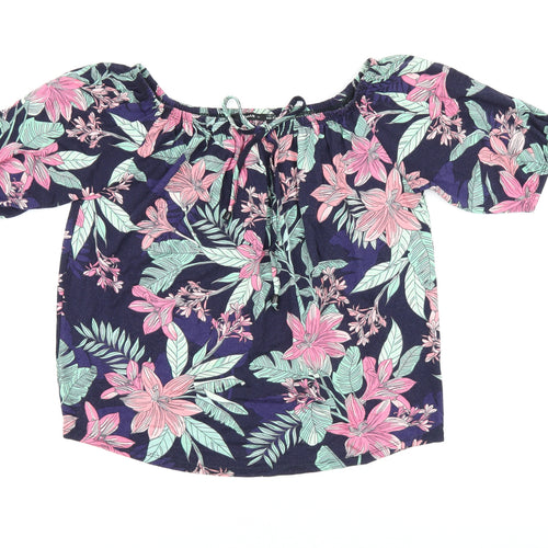 Roman Womens Blue Floral Polyester Jersey T-Shirt Size 12 Scoop Neck