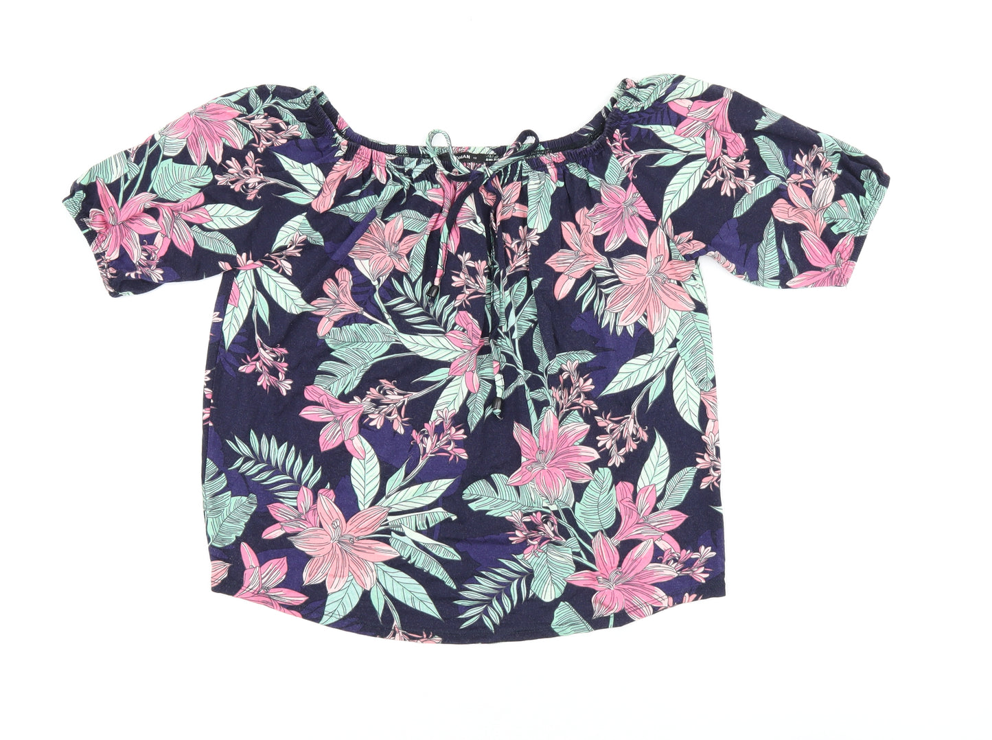 Roman Womens Blue Floral Polyester Jersey T-Shirt Size 12 Scoop Neck
