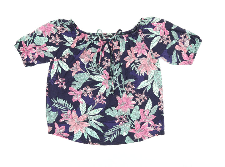 Roman Womens Blue Floral Polyester Jersey T-Shirt Size 12 Scoop Neck